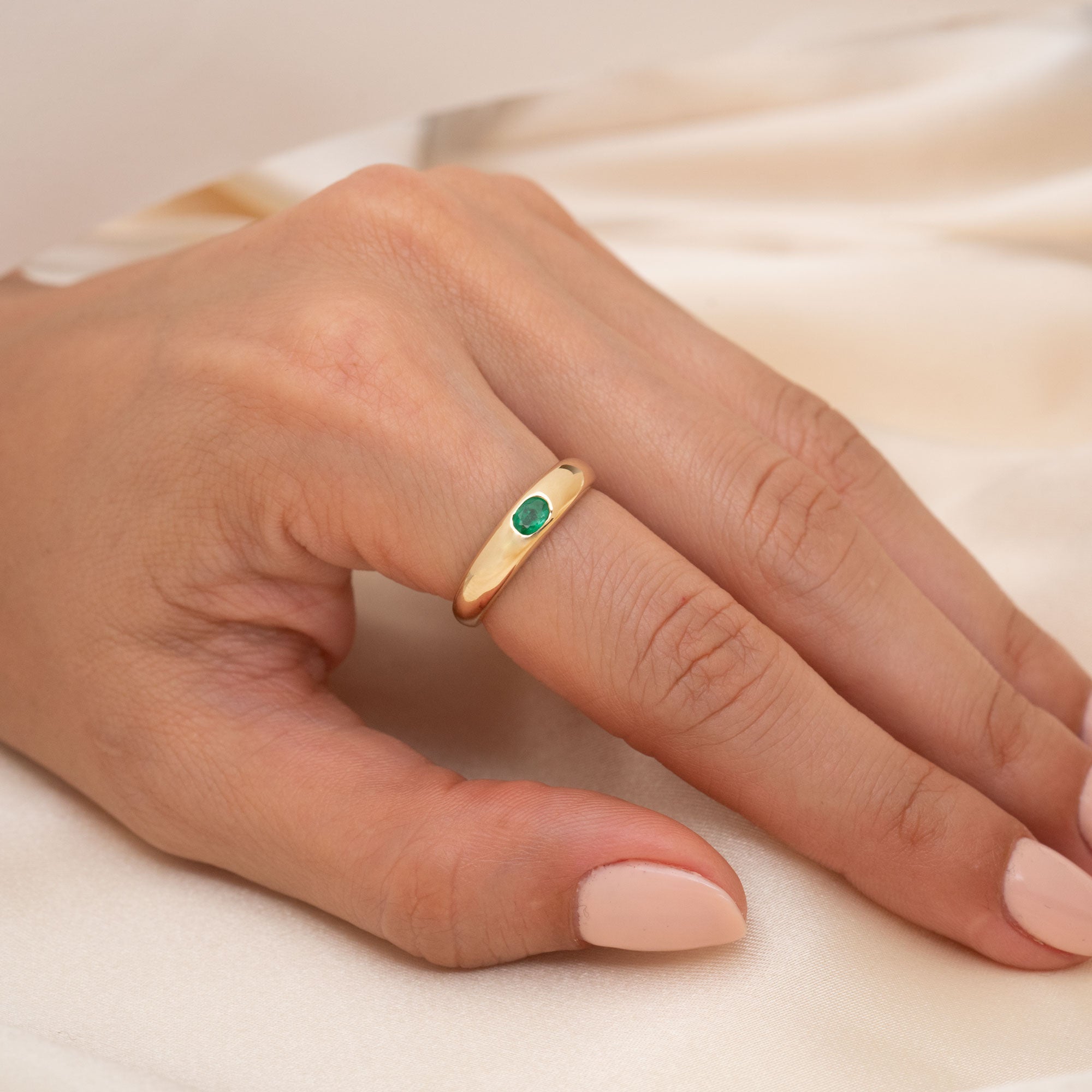 14k Gold Thin Emerald Dome Ring