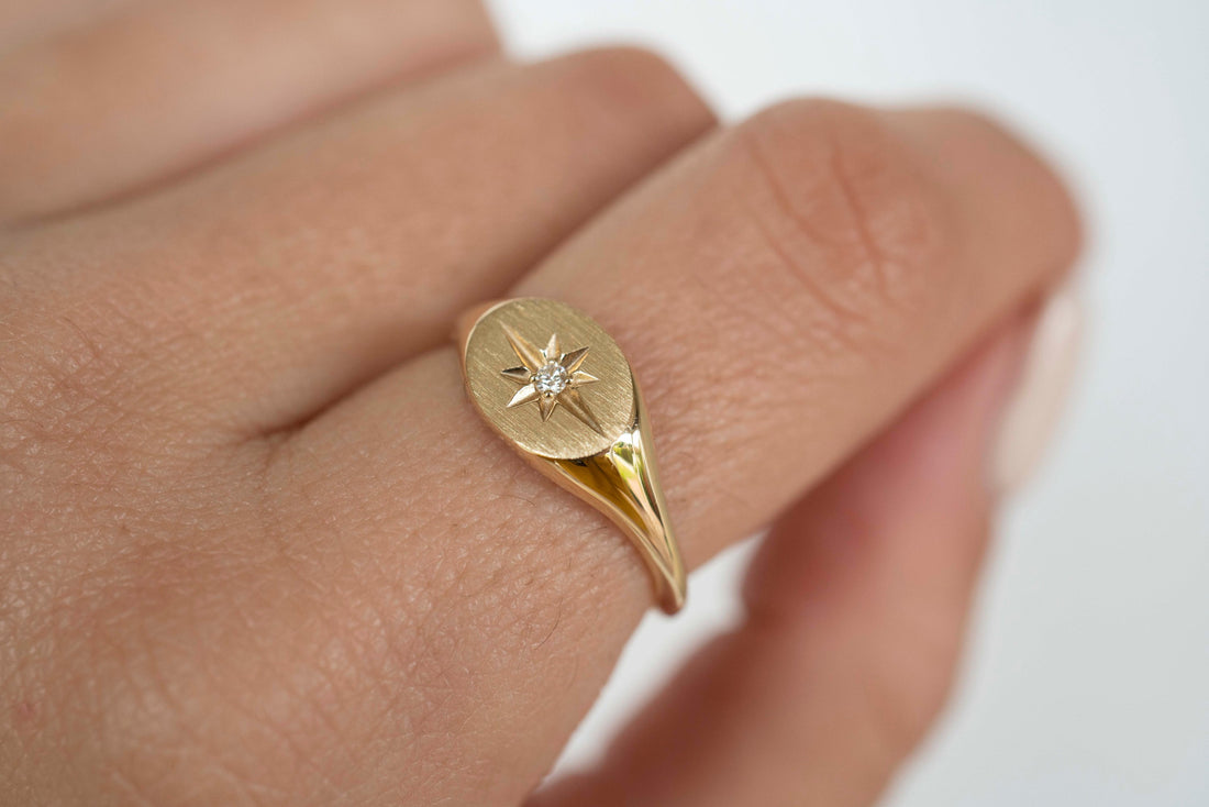 14k Solid Gold Signet Ring, Starburst Signet Ring, Diamond Signet Ring, Ladies Signet Ring, Solid Gold Signet Ring, Starburst Diamond