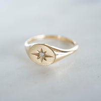 14k Solid Gold Signet Ring, Starburst Signet Ring, Diamond Signet Ring, Ladies Signet Ring, Solid Gold Signet Ring, Starburst Diamond
