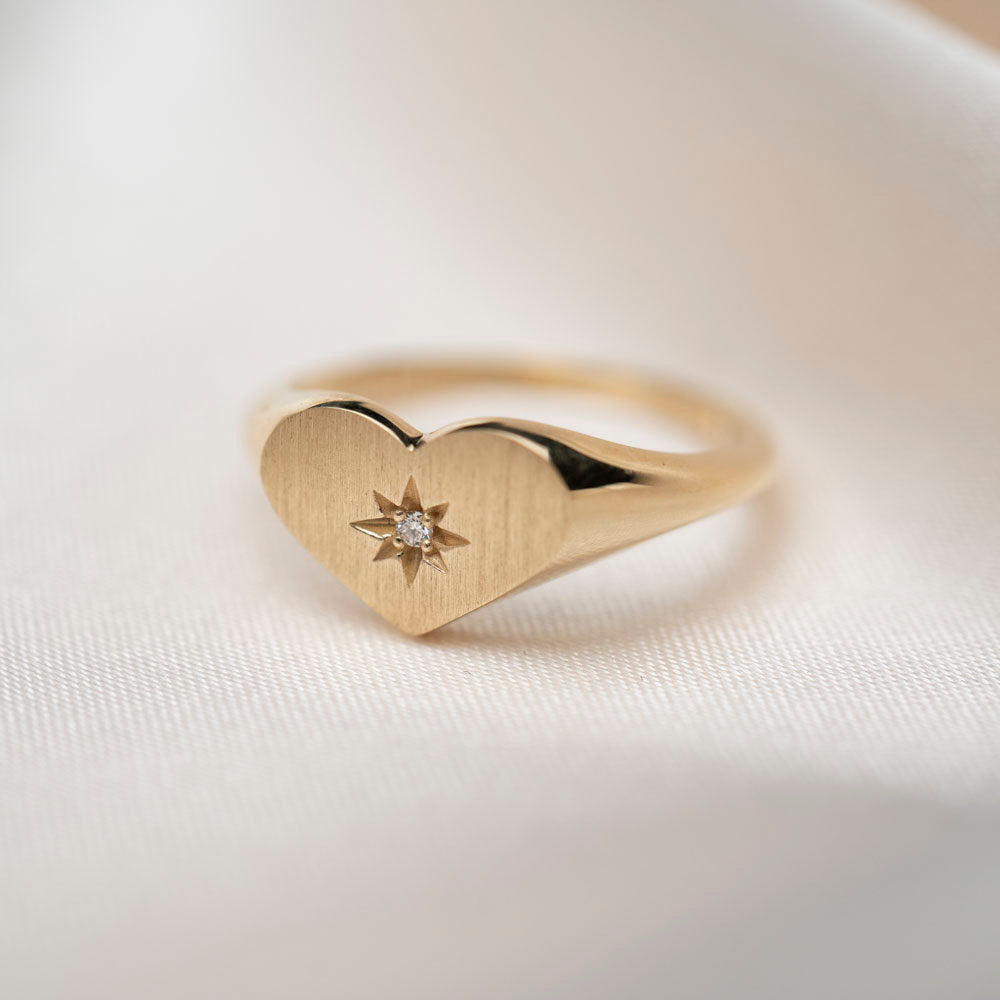 14k Diamond Heart Signet Ring, Gold Signet Ring, Diamond Signet Ring, Ladies Signet Ring, Holiday Gift, Gift for Her, Holiday, Gift
